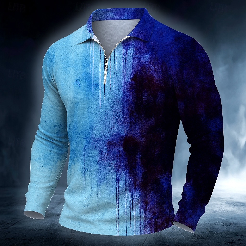 Halloween Herr Blodfläckar Polo Långärmad Polotröjor Ledigt Mörk Utomhus Gata Dagliga kläder 3D-utskrift Quarter Zip Polo Vår Höst Vinter Rubinrött Blå Grå 2025 - $20.99 –P4