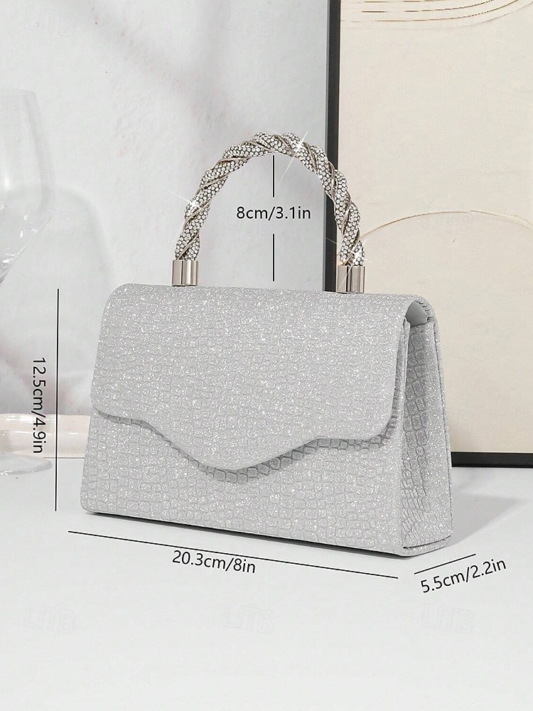 Women's Silver Glitter Handbag with Rhinestone Handle – Elegant Evening Shoulder Bag for Parties, Weddings and Cocktail Events 2026 - $26.99 –P10