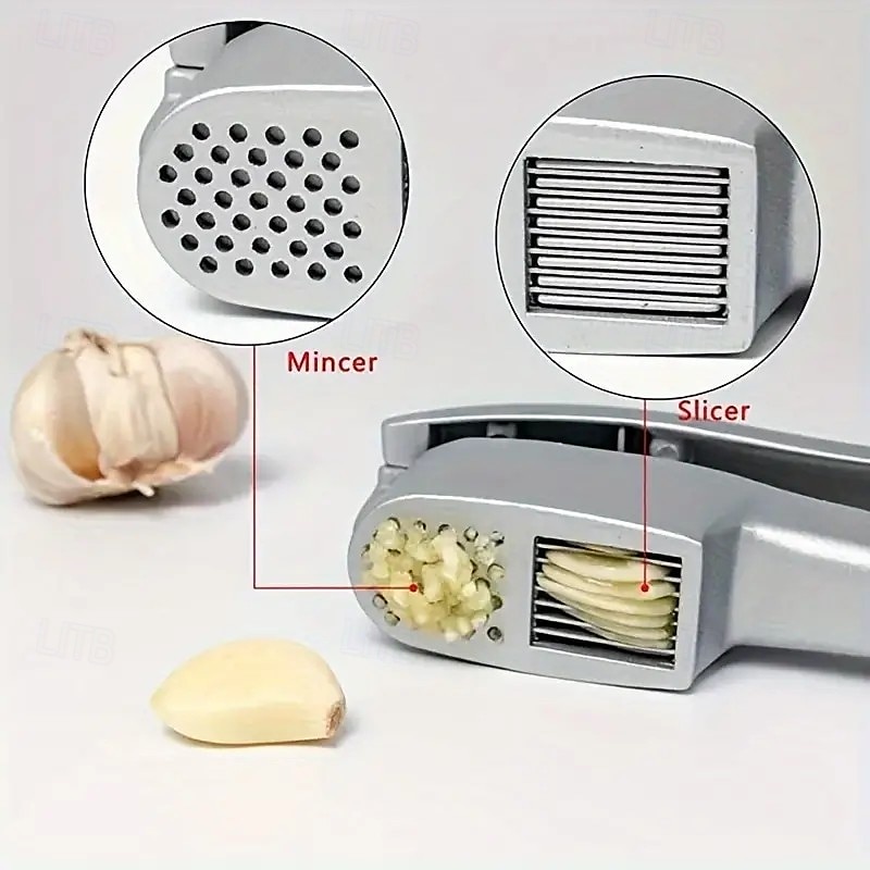 2-in-1 knoflooksnijder en -stamper, multifunctionele knoflookpers met reinigingsborstel, keukenhulp van aluminiumlegering voor eenvoudige knoflookbereiding 2025 - $18.99 –P1