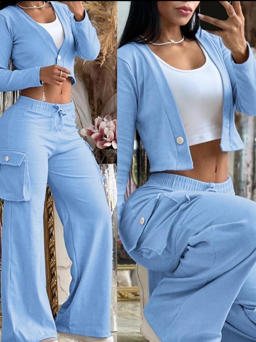 Dam Mode Streetwear Byxuppsättningar Långärmad V-hals Ensfärgat Snörning Semester Ledigt / vardag Gul Himmelsblå Kaki Sommar Normal 2025 - $26.99 –P4