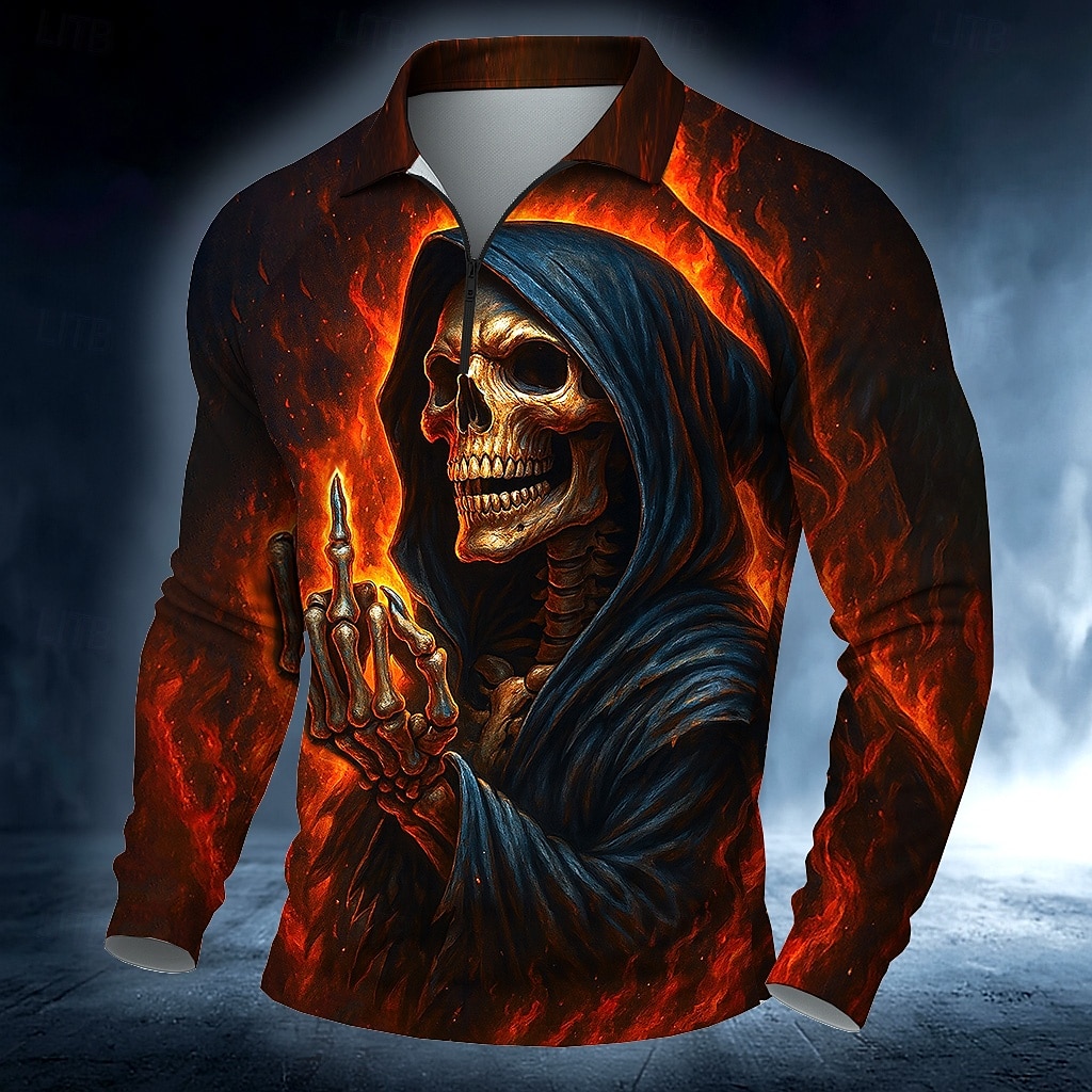 Halloween Herr Dödskalle Polo Långärmad Polotröjor Ledigt Mörk Utomhus Gata Dagliga kläder 3D-utskrift Quarter Zip Polo Vår Höst Vinter Rubinrött Orange Grön 2025 - $20.99 –P5