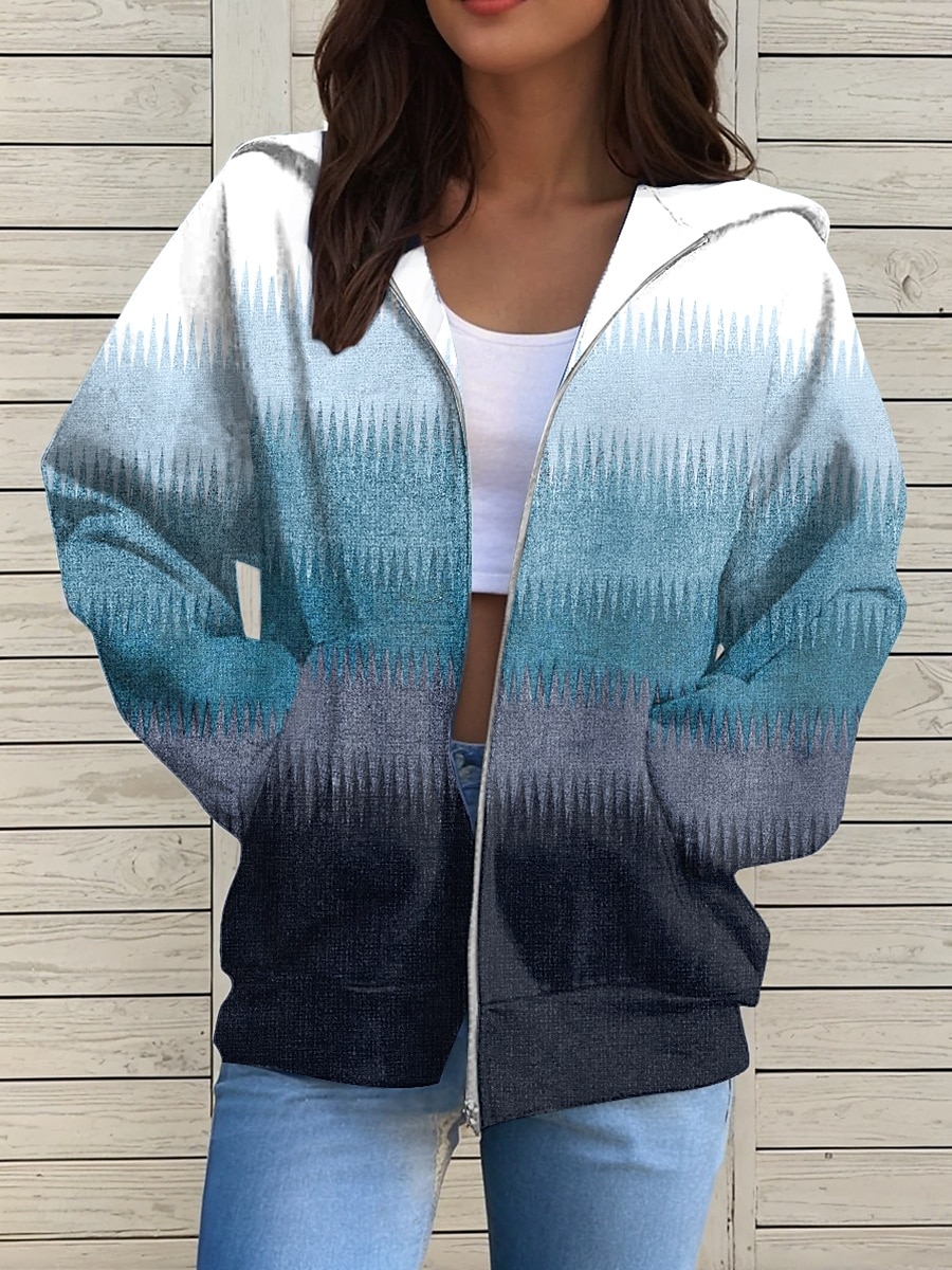 Women's Zip Up Hoodies Geometric Active Casual Long Sleeve Hooded Regular Tops Casual Holiday Zip Up Zipper Front Pocket Red Blue Purple Brown Green Spring Fall 2025 - $26.99 –P2