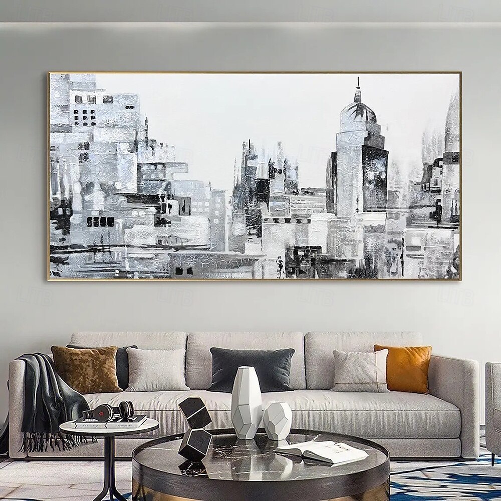 Peinture à l'huile faite à la main sur toile, décoration murale moderne abstraite, paysage architectural noir et blanc pour salon, décoration d'intérieur, peinture roulée sans cadre, non tendue de 2025 ? $69.99 –P5
