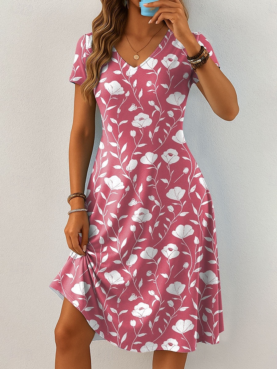 Damen Midikleid Strickkleid Freizeitkleid T-Shirt-Kleid Sommerkleid Urlaub Lässig Boho Strand Normale Passform Blumen Grafik Kurzarm V Ausschnitt Rosa Blau Orange Grün Sommer Frühling 2025 - $23.99 –P1