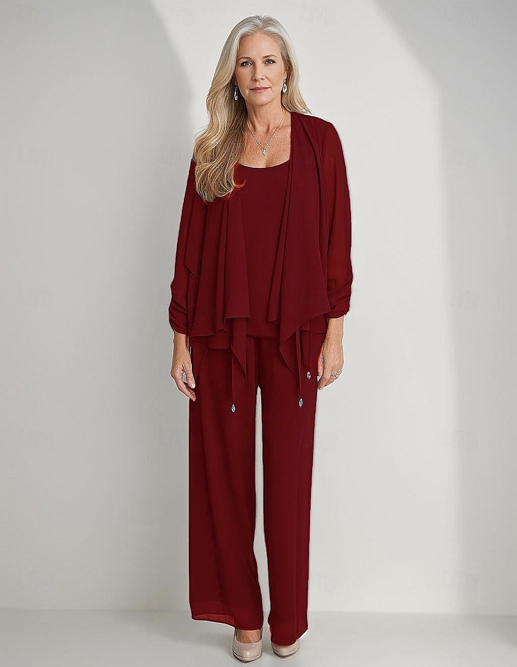 3 Piece Mother of the Bride Pantsuits Elegant Simple Luxurious Square Neck Floor Length Chiffon 3/4 Length Gathered Sleeve with Crystals Cascading Ruffles 2025 2025 - $135.99 –P8