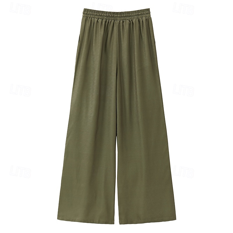 Pantalones anchos bohemios para mujer, largos, con estampado de flores naturales, bolsillos y cordón elástico, cómodos para exteriores, vacaciones, fin de semana, color verde, corte regular. 2025 - $24.99 –P5