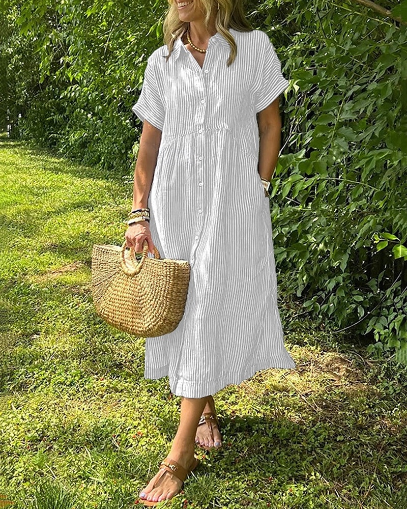Femmes Robe Longue Maxi Robe Robe Chemise Robe Décontractée Mode Extérieur Soirée Fête Coupe régulière Rayé Manche Courte Col de chemise Noir Blanche Jaune Rose Claire Été de 2025 ? $38.99 –P4