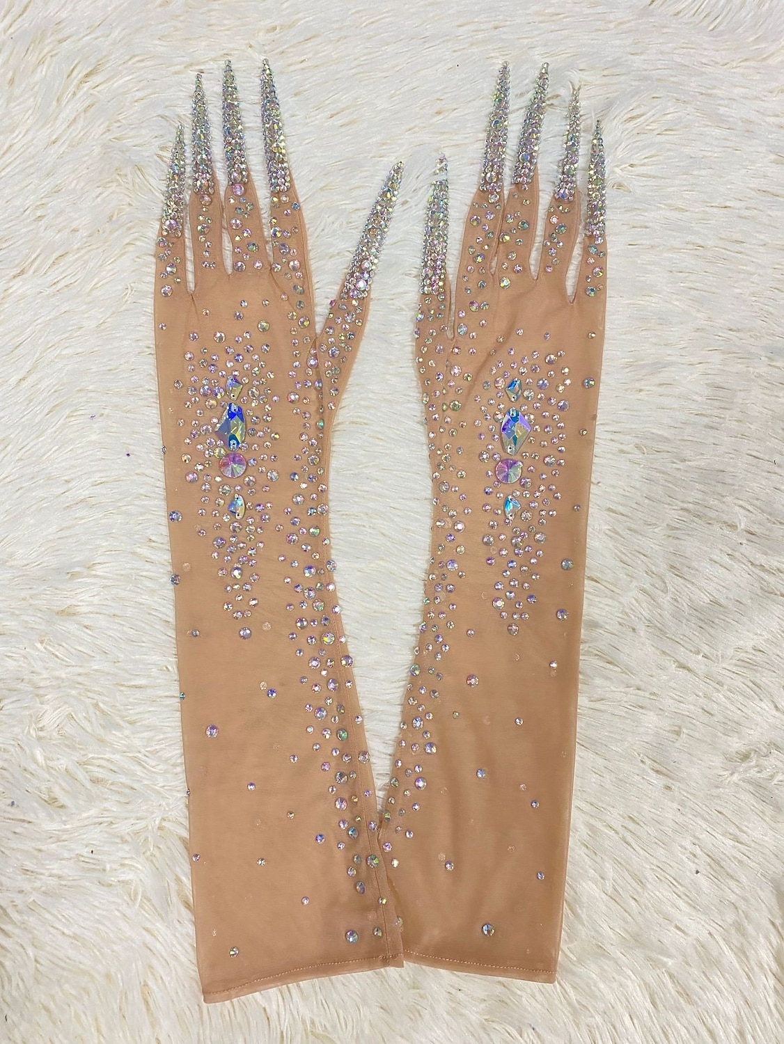 Glitzernde Handschuhe mit Strasssteinen für Damen, lang, glitzernd, Netzstoff, durchsichtig, Ellenbogenlänge, Opernhandschuhe mit Nägeln, hautfarben, Einheitsgröße 2025 - $85.99 –P5