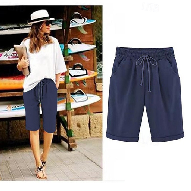 loungeshorts för kvinnor i ren färg elastisk midja med dragsko enkel avslappnad komfort hem daglig semester ventilerande ficka fempunktsbyxor 2025 - $17.99 –P1