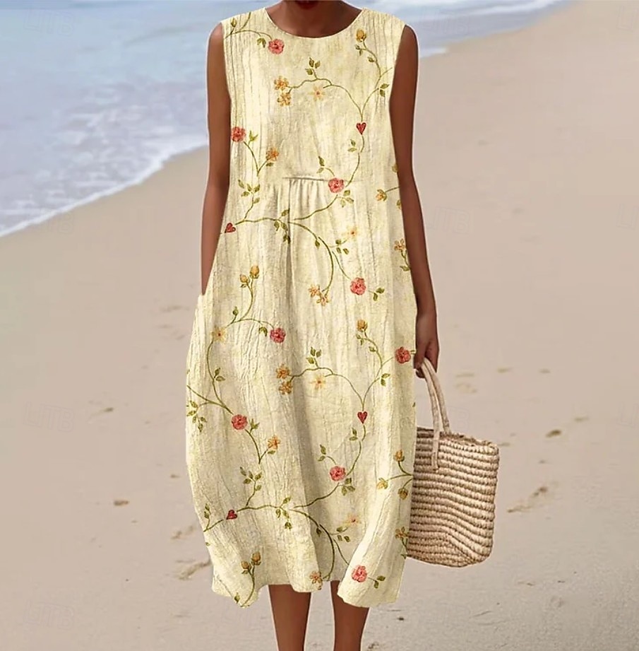 Damen Midi Kleid Leinenähnliches Sommerkleid Shift Kleid A-Linien Kleid Urlaub Freizeit Boho Party Ausgehen Strand Lockerer Schnitt Floral Grafisch Ärmellos Rundhalsausschnitt Hellgelb Tiefgrün Grau 2026 - $39.99 –P3