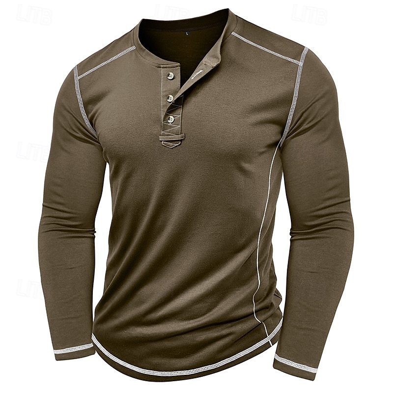 Men's T Shirt Henley Shirt Henley Top Long Sleeve Solid Color Vintage Casual Contrast Stitching Henley Outdoor Causal Casual Spring Fall Spring &  Fall Black White Gray Henley T-Shirt 2025 - $22.99 –P15