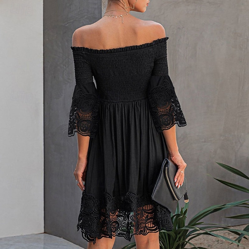 Damen Minikleid Freizeitkleid Sommerkleid Mode Modern Täglich Strand Wochenende Normale Passform Einfach Langarm Schulterfrei Schwarz Sommer 2025 - $26.99 –P3