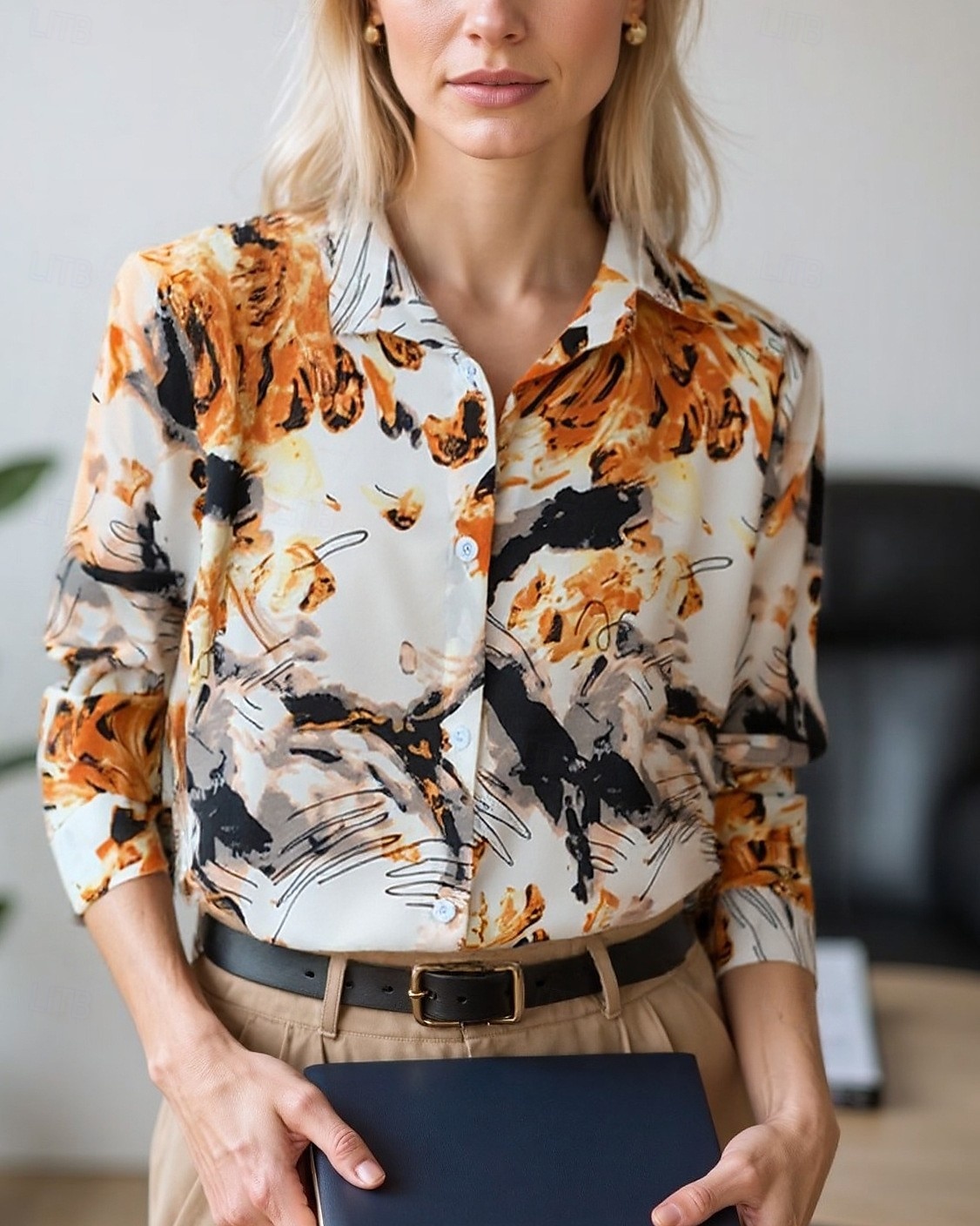 Women's Blouse Dressy Tops Chiffon Tops Graphic Color Block Elegant Daily Stylish Long Sleeve Shirt Collar Regular Tops Work Daily Buttons Print Yellow Wine Green Beige Gray Spring, Fall, Winter 2025 - $24.99 –P2
