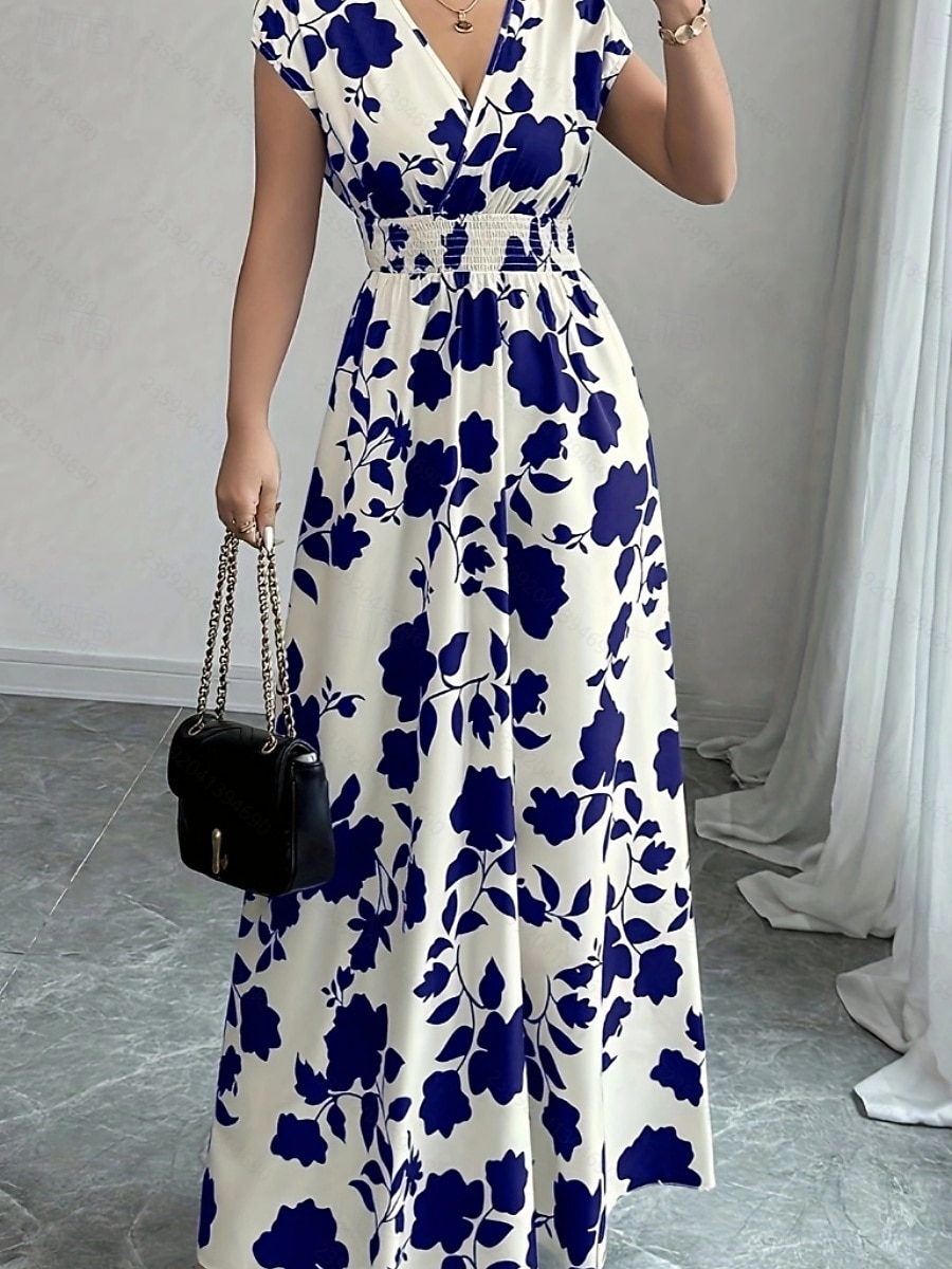 Damskie Sukienka maxi Sukienka A line Urlop Codzienny Boho Na zewnątrz Wyjściowe Luźny / a Kwiaty Krótki rękaw W serek Czarny Czerwony Niebieski Pomarańczowy Lato 2025 - $24.99 –P15