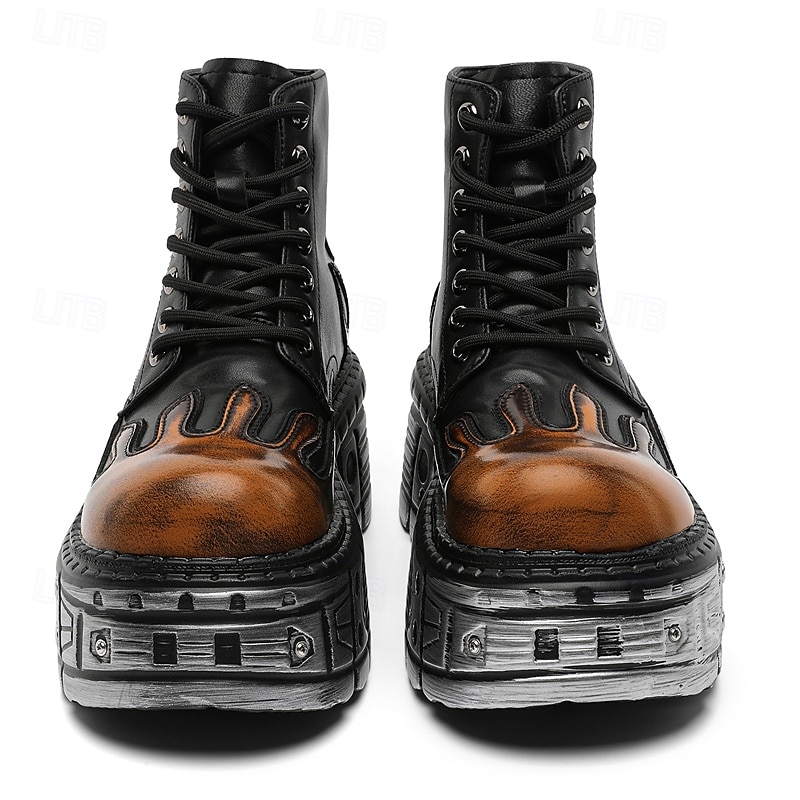 herre gotiske flammende platåstøvler – steampunk ankelstøvletter med grov såle og snøring for punkrockfester og cosplay 2025 - $84.99 –P18