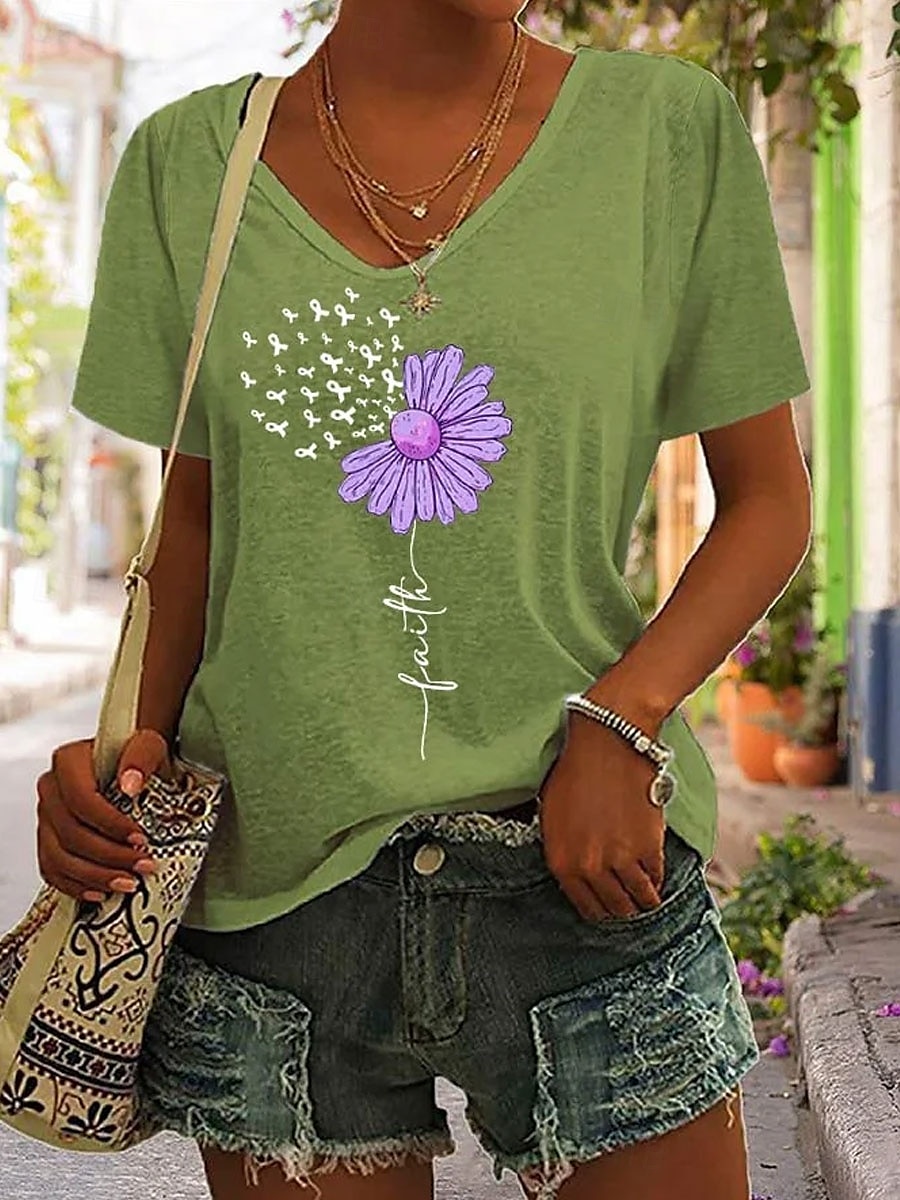 Femmes T-shirt Fleuri Graphique Lettre Bohème ancien Élégant Manche Courte Col en V Hauts Réguliers Quotidien Sortir Week-end Imprimé Noir Blanche Rose Claire Violet Vert Été Printemps de 2025 ? $19.99 –P6