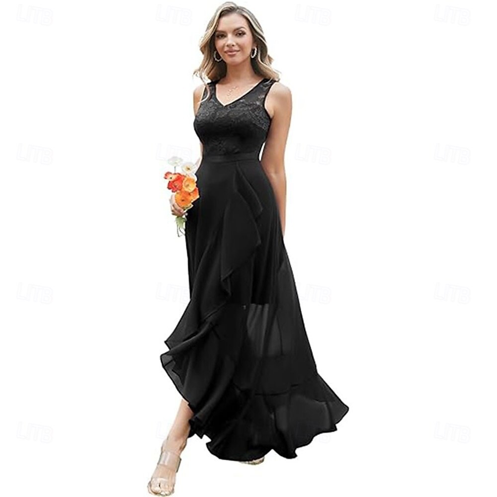 A-Linie Brautmutterkleid Elegant V Ausschnitt Asymmetrisch Chiffon Ärmellos mit Einfarbig 2025 2025 - $109.99 –P4