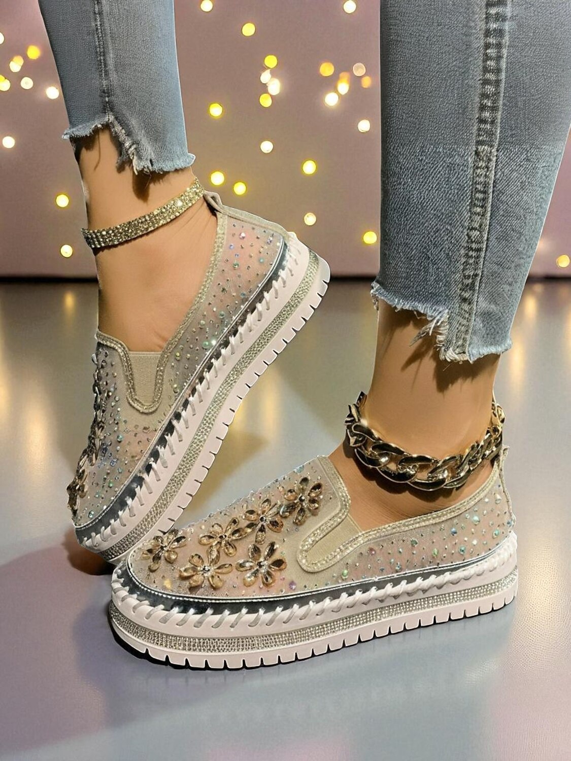 Sneakers slip-on da donna con strass, tomaia in mesh e suola spessa - scarpe alla moda per la vita notturna, le feste e le discoteche del 2025 a $34.99 –P5