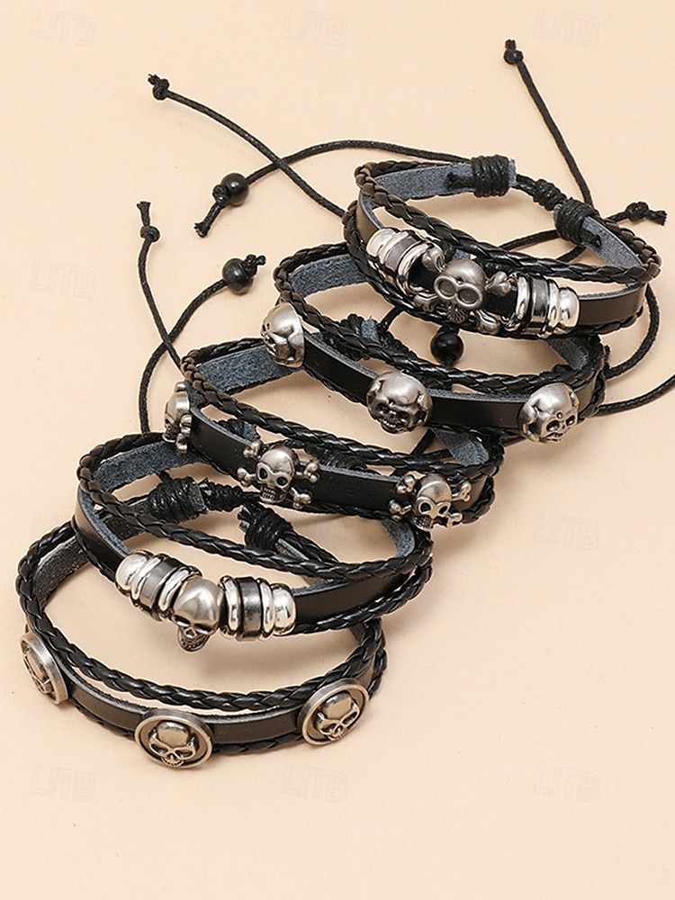 Sett med armbånd i skinn med hodeskalle-anheng for menn – justerbart punk-armbånd i ekte skinn til halloween-fest, cosplay og rockekonserter 2025 - $11.99 –P5
