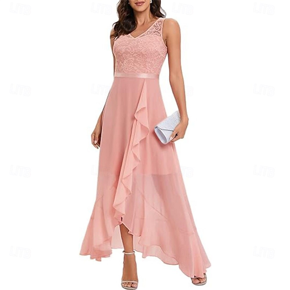 A-Linie Brautmutterkleid Elegant V Ausschnitt Asymmetrisch Chiffon Ärmellos mit Einfarbig 2025 2025 - $109.99 –P10