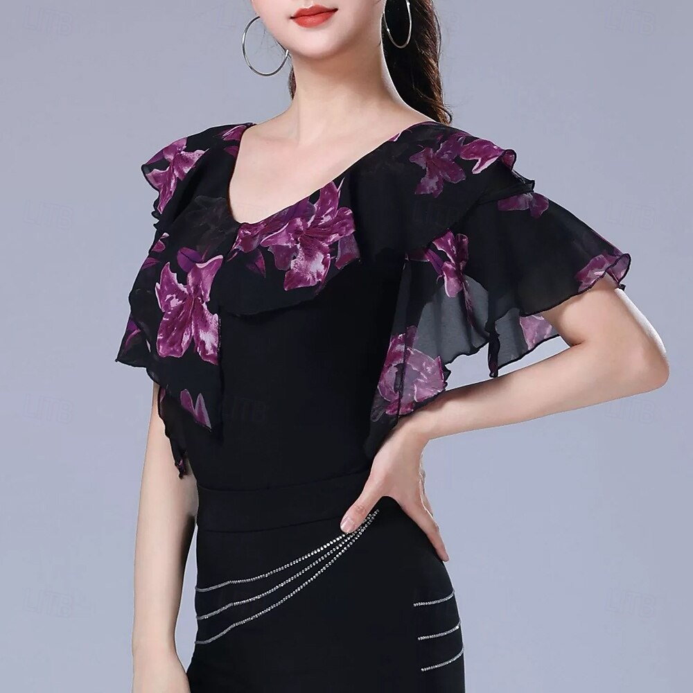 Latin Dance Top Printing Splicing Women's Performance Training Short Sleeve High Polyester 2025 - $36.99 –P1