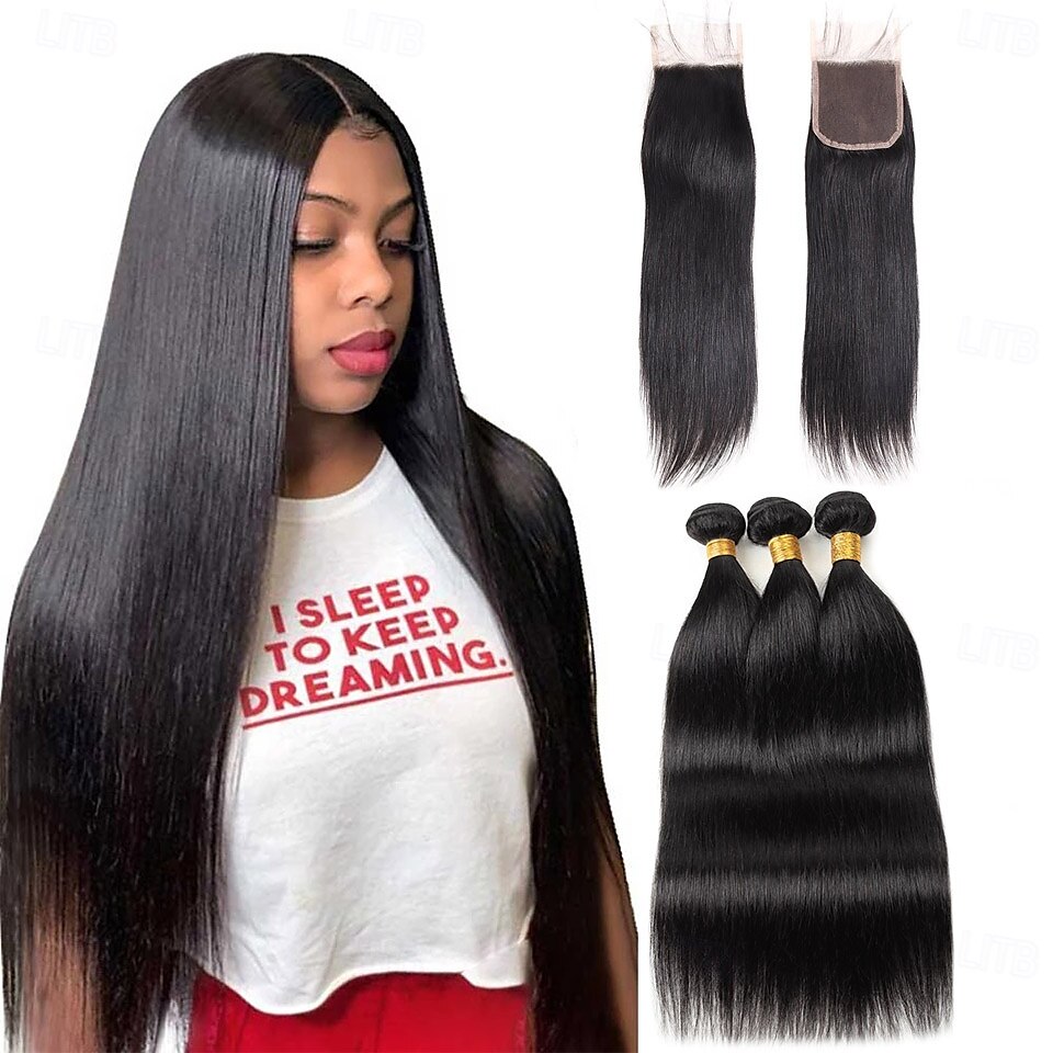 Extensions de cheveux humains raides, lot de 3 mèches avec fermeture en dentelle 4x4, 25,4 à 71,1 cm, pour femmes noires de 2025 ? $212.29 –P1