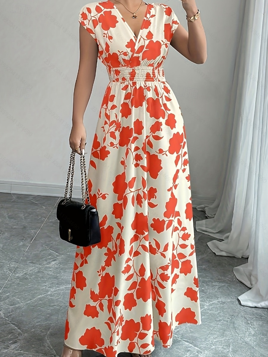 Damskie Sukienka maxi Sukienka A line Urlop Codzienny Boho Na zewnątrz Wyjściowe Luźny / a Kwiaty Krótki rękaw W serek Czarny Czerwony Niebieski Pomarańczowy Lato 2025 - $24.99 –P5
