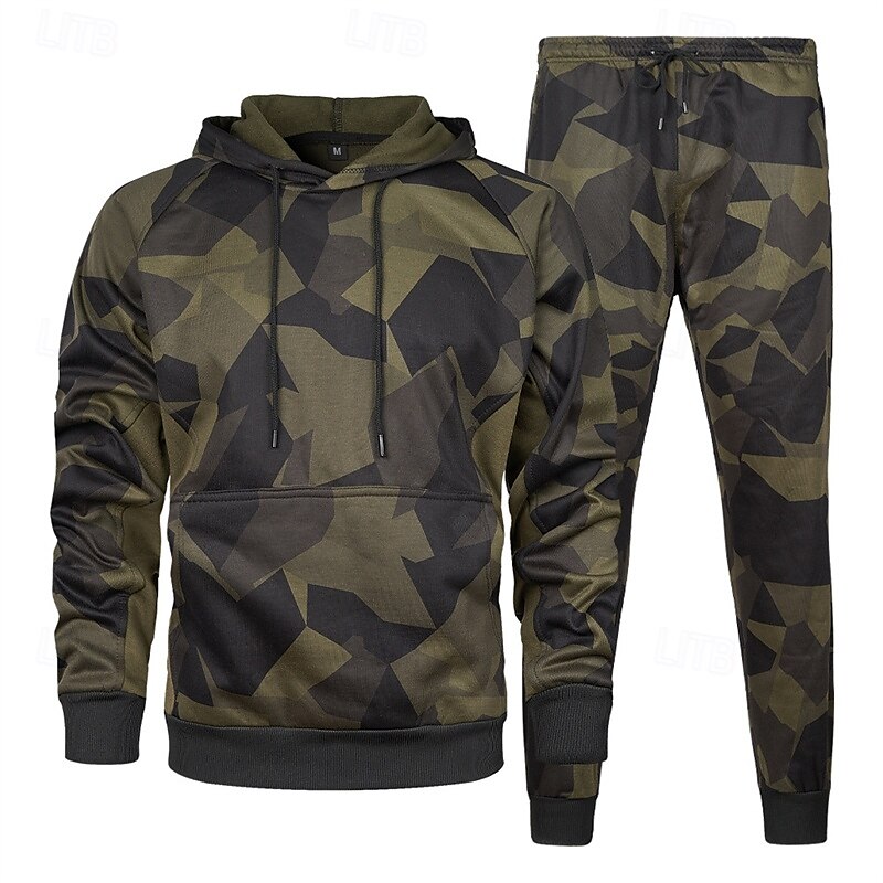 Voor heren Trainingspak Kledingset Truien instellen Capuchon Buiten Dagelijks Sport Zak Trekkoord camouflage blauw Khaki Leger Groen Grafische afdruk Polyester Sportkleding Modieus Streetwear Herfst 2025 - $44.99 –P2