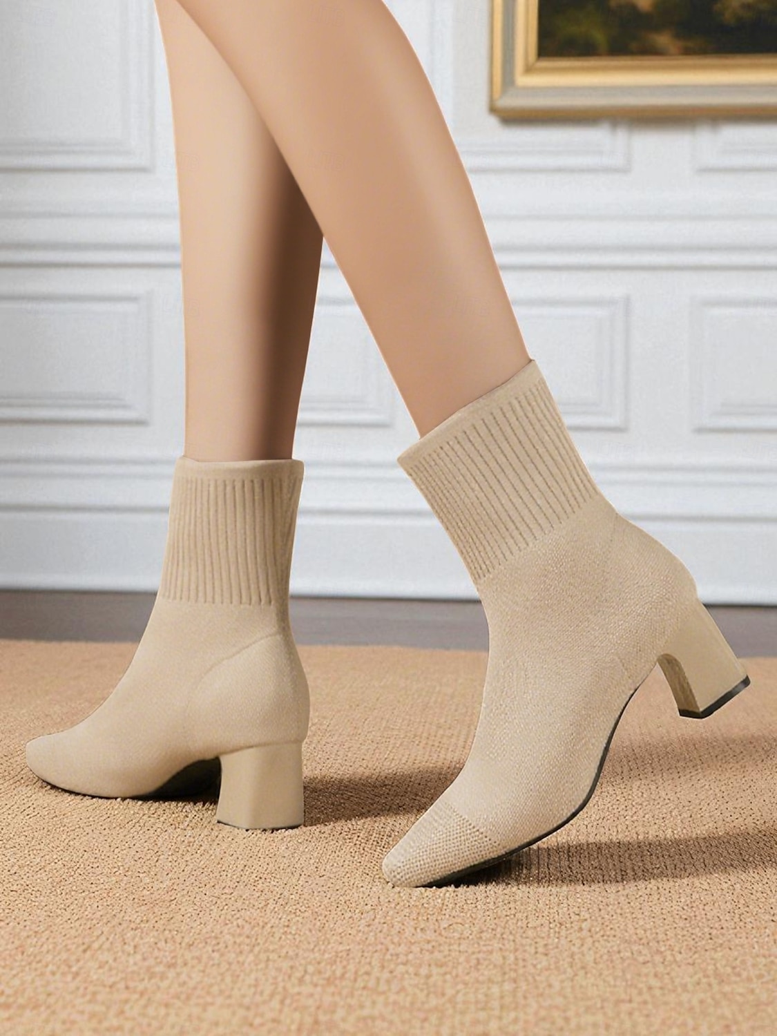 Marineblaue Strick-Sockenstiefel für Damen – spitze Stretch-Stiefeletten mit Blockabsatz für elegante Alltags- und Herbstoutfits 2025 - $46.99 –P2