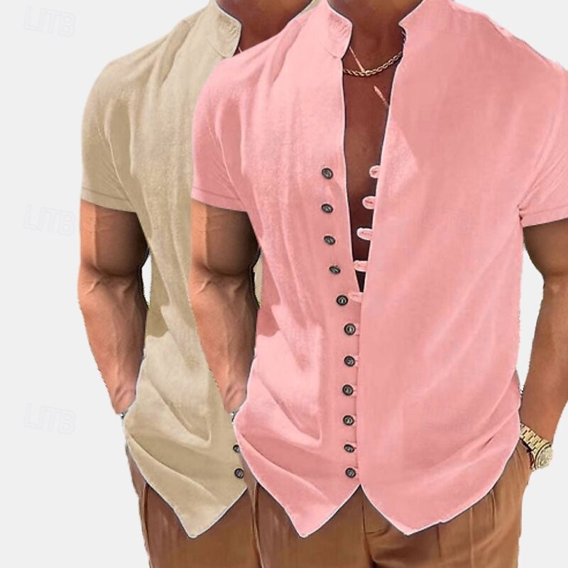 Homme Chemise en lin Chemise d'été Tenue de plage Chemise Boutonnée Uni Vacances Croisière Blanc + kaki Kaki + Noir Vert + Kaki Noir + blanc Manche Courte Col montant Été Printemps & Été Vêtement de 2026 ? $29.99 –P13
