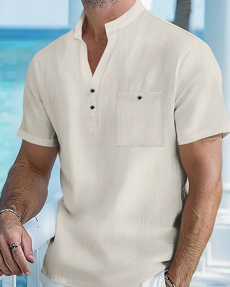 Homme Chemise Chemise en lin Chemise popover Chemise Décontractée Chemise en coton Uni Vacances Rue Blanche Jaune Rose dragée Abricot Manche Courte Band Collar Été Vêtement Tenue Avec Poches de 2025 ? $19.99 –P5