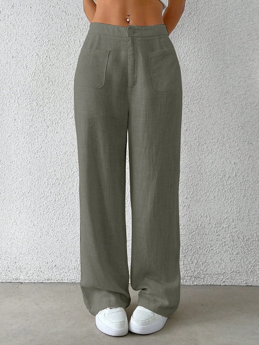 Damen Weites Bein Chinos Mode Basic Lässig Volle Länge Mittlere Taillenlinie Einfarbig Tasche Komfort Außenbereich Unelastisch Urlaub Straße Täglich Schwarz Weiß Blau Aprikose Sommer Frühling Herbst 2025 - $37.99 –P15