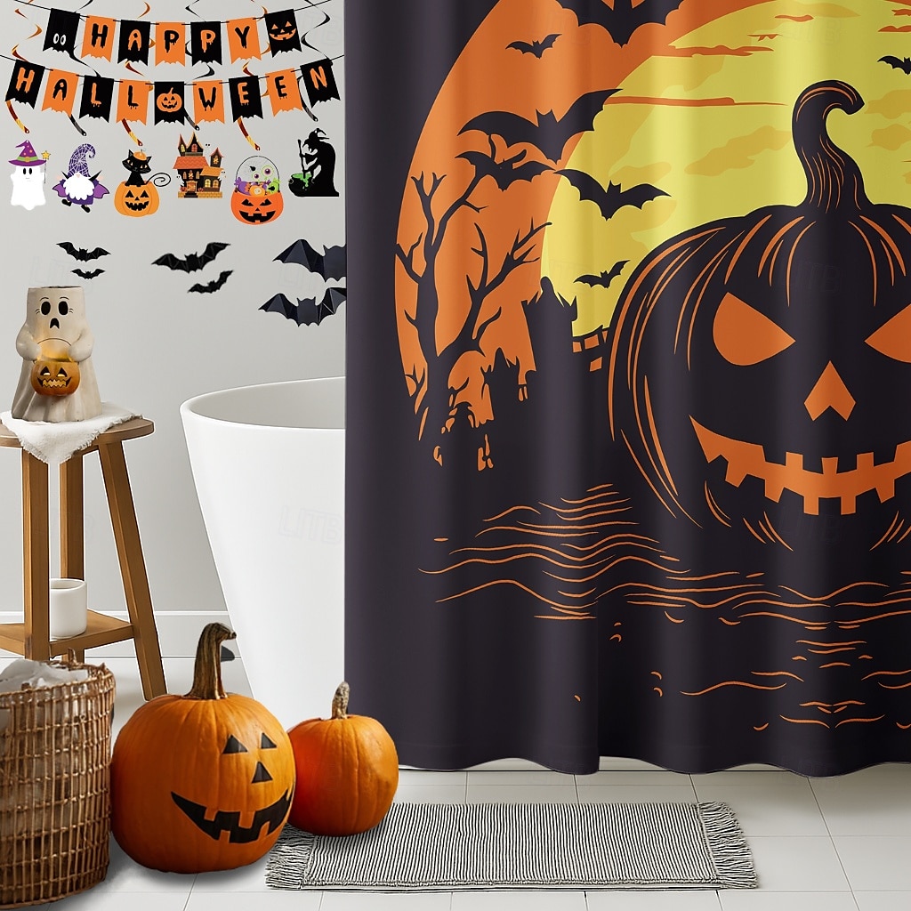 Halloweenský sprchový závěs s háčky, polyesterový, pratelný, voděodolný, vzorovaný, koupelnová vana, dekorace 2025 - $21.99 –P32