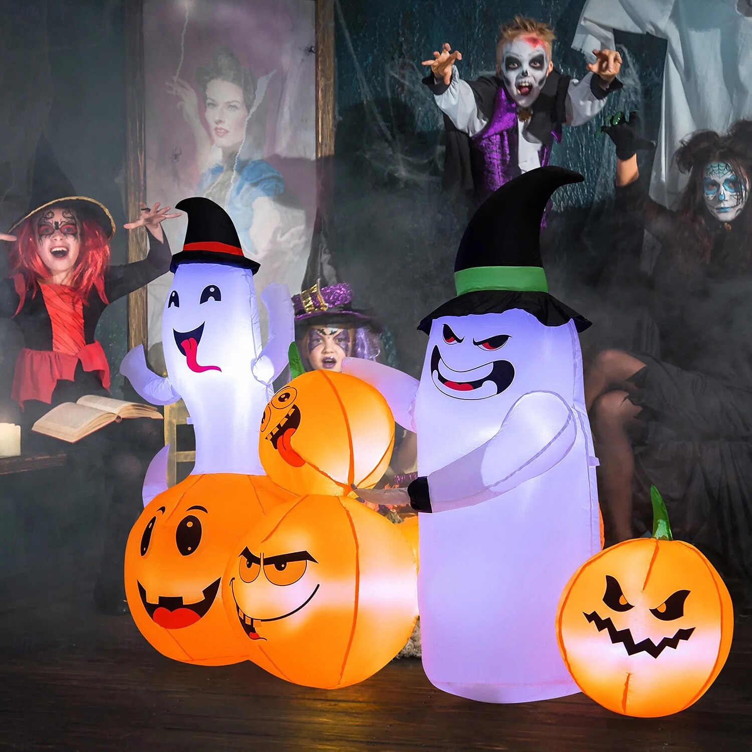 Costway 6 fot lang oppblåsbar halloween-dekorasjon med 4 gresskar &spøkelser med innebygde LED-lys 2025 - $108.99 –P5