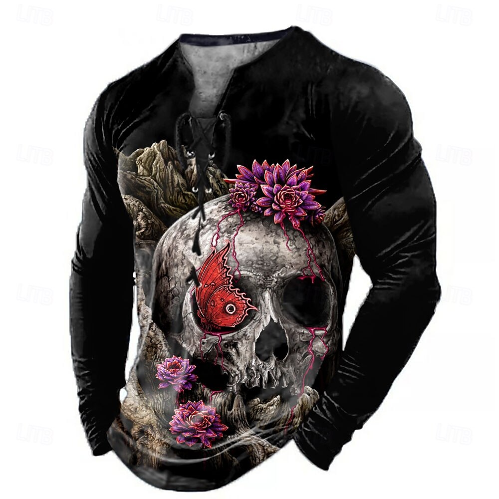Camiseta masculina de Halloween com caveira 3D da Sarah Richter, camiseta Henley de manga comprida, estampa 3D, camiseta Henley com cadarço, moda casual, vintage e retrô de 2025 por $19.99 –P1