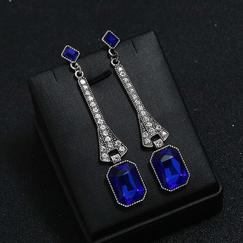 Women's 1920s Gatsby Drop Earrings - Art Deco Long Dangle Earrings with Blue Gemstones and Rhinestones for Roaring Twenties Parties 2025 - $9.99 –P4