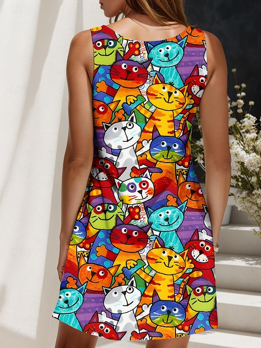 Mujer Mini vestido Vestido de verano Vestido de una línea Vestido con hombros descubiertos Vacaciones Casual Festivos Playa Ajuste regular Graphic Gato Sin Mangas Cuello Barco Amarillo Rojo Azul 2025 - $21.99 –P2