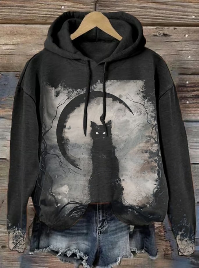 Sudadera con capucha para mujer tipo pullover oversized de manga larga estilo casual gráfica de gato impresión de moda top con capucha regular ropa de calle uso diario cordón impresión negro naranja 2025 - $24.99 –P1