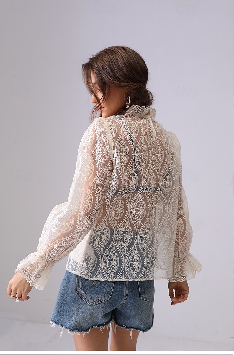 Damen Spitzenbluse Einfarbig Elegant Bohemien Vintage Langarm Hoher Ausschnitt Normale Oberteile Party-Abendmode Ausgehen Strandbekleidung Bestickt Schwarz Weiß Aprikose Frühling, Herbst, Winter 2025 - $49.99 –P3