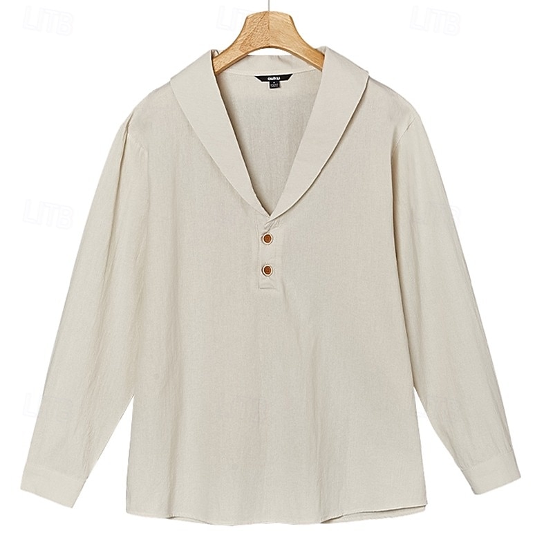 Herr Skjorta Linneskjorta Popover skjorta Sommarskjorta Standkläder Ensfärgat Semester Gata Svart Blå Kaki Långärmad Krage Sommar Vår Kläder 2025 - $23.99 –P2