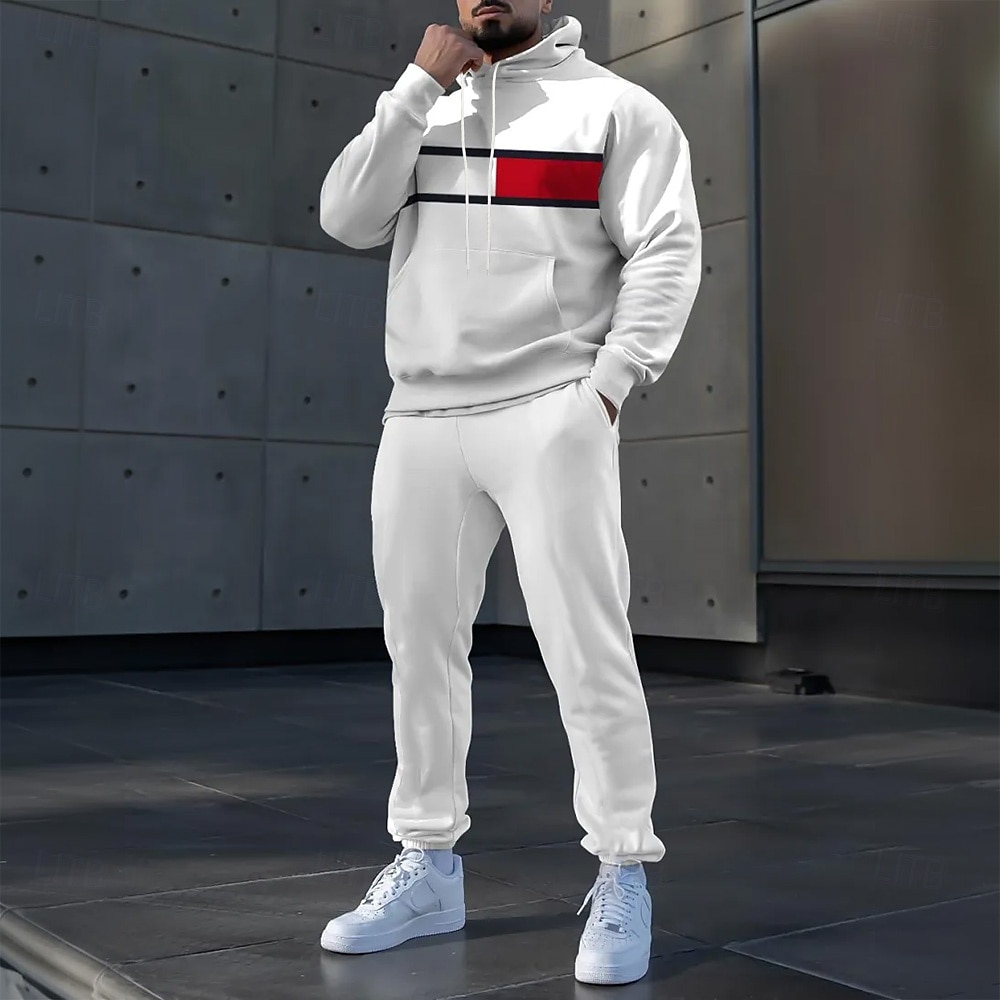 Men's Color Block 2pcs 3D Sweatshirt Sets Tracksuit Hoodie Sweatshirt Long Sleeve Long pants Hooded Casual Daily Athleisure 3D Print Spring Fall Winter White 2025 - $39.99 –P1