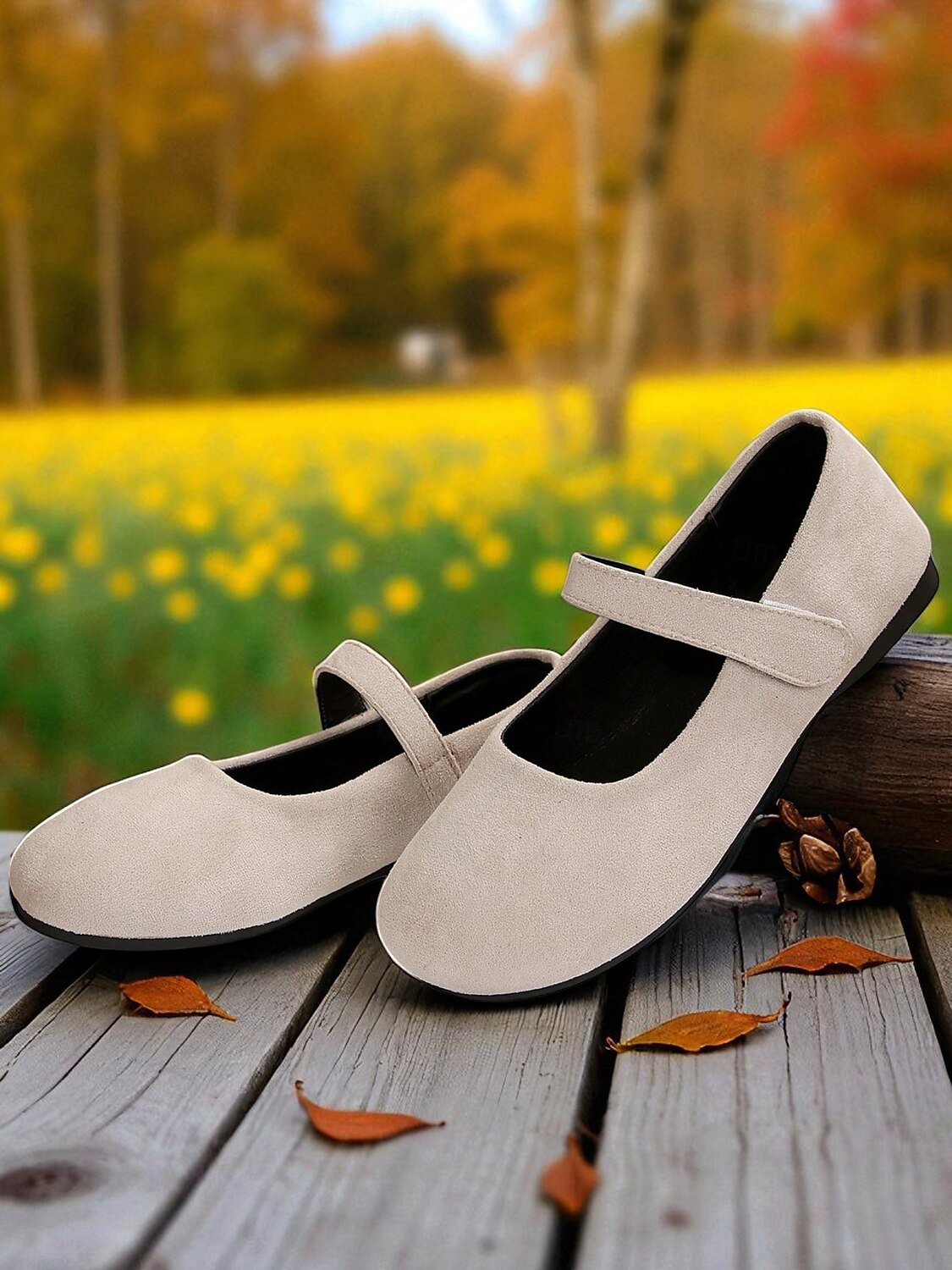 Beige Mary-Jane-Ballerinas mit weiter Spitze für Damen – bequeme Schuhe aus weichem Wildlederimitat für Freizeitausflüge, Spaziergänge im Garten und den Alltag 2025 - $19.99 –P1
