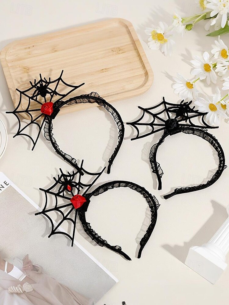 Serre-tête d'Halloween en toile d'araignée pour femme – Dentelle noire gothique avec motif rose rouge et araignée, polyester léger et plastique, parfait pour les fêtes costumées et le cosplay de 2025 ? $9.99 –P3