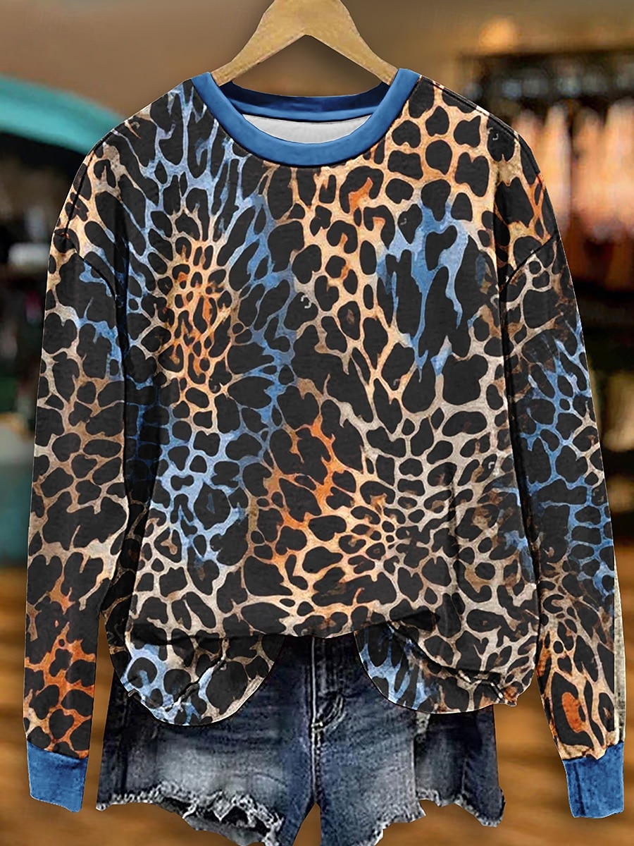 Dame Gensere Grafisk Leopard Fritid Langermet Crew-hals Vanlige topper Gate Hverdag Trykt mønster Svart Blå Grønn Høst Vinter 2025 - $24.99 –P2