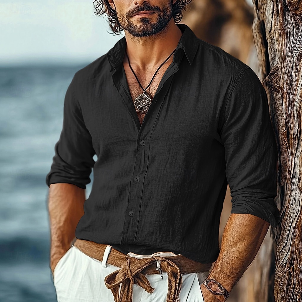 Per uomo Camicia Camicia di lino Camicia Estiva Abbigliamento da spiaggia Camicia con Bottoni Semplice Vacanza Casuale Nero Bianco Cachi Grigio Manica Lunga Collo ripiegato Estate Primavera del 2025 a $23.99 –P1