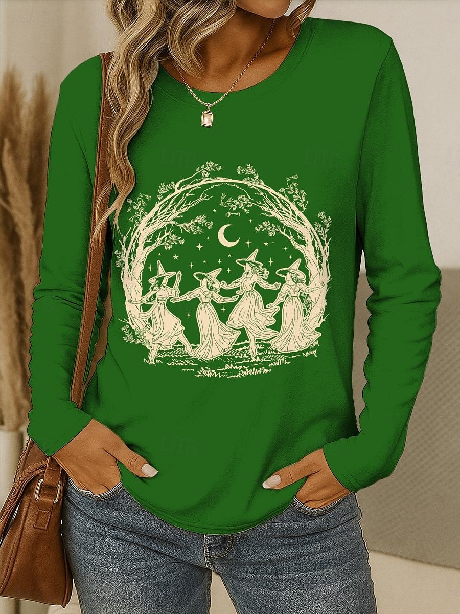 Halloween Femmes T-shirt Graphique Sorcière ancien Élégant Classique manche longue Col ras du cou Col rond Hauts Réguliers Quotidien Week-end Imprimé Noir Vin Bleu Violet Vert Printemps Automne de 2025 ? $22.99 –P6