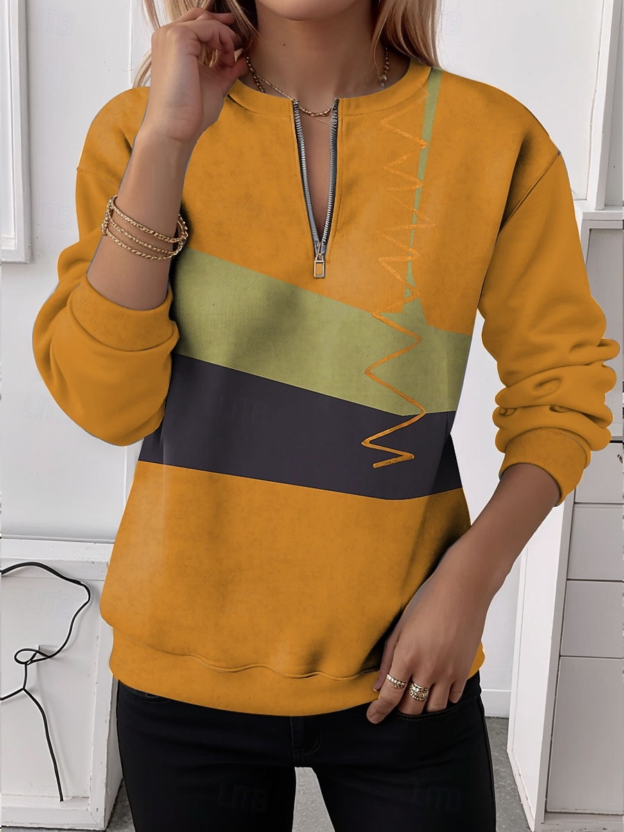 كنزة بسحاب ربع للنساء مزخرفة بخطوط هندسية عفوي بأكمام طويلة برقبة عادية قميص عادي للشارع طباعة نصفية صفراء وردية حمراء زرقاء صيف خريف شتاء 2025 - $28.99 –P4