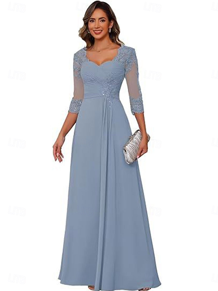 A-linje Kjole til brudens mor Elegant Enkel V-hals Gulvlengde Chiffon 3/4 ermer med Ensfarget 2025 2025 - $119.99 –P4