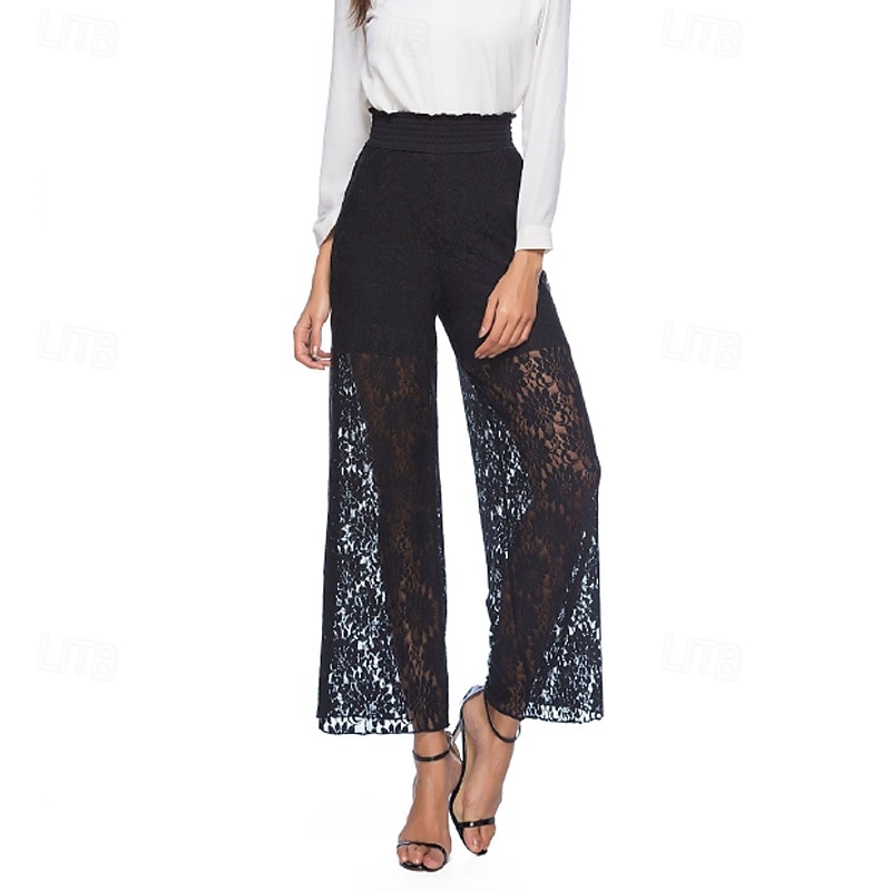 Femmes Jambe large Slacks Streetwear Occasionnel Longueur complète Naturel Uni Dentelle Patchwork Taille Élastique Confortable Fête Sortir Vert translucide Noir Blanche Bleu de minuit Automne Coupe de 2025 ? $16.99 –P2