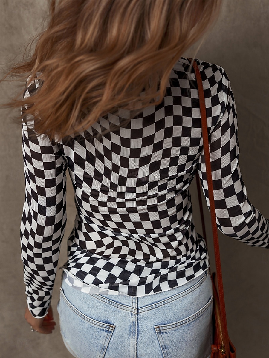 Damen Bluse Karomuster Stilvoll Lässig Langarm Rundhalsausschnitt Normale Oberteile Täglich Druck Schwarz Rosa Aprikose Sommer Frühling Herbst 2025 - $15.99 –P2